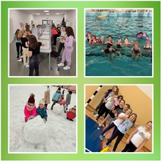 uczniowie gminy podczas zajęć w ferie, na basenie, na śniegu, w sali gimnastycznej