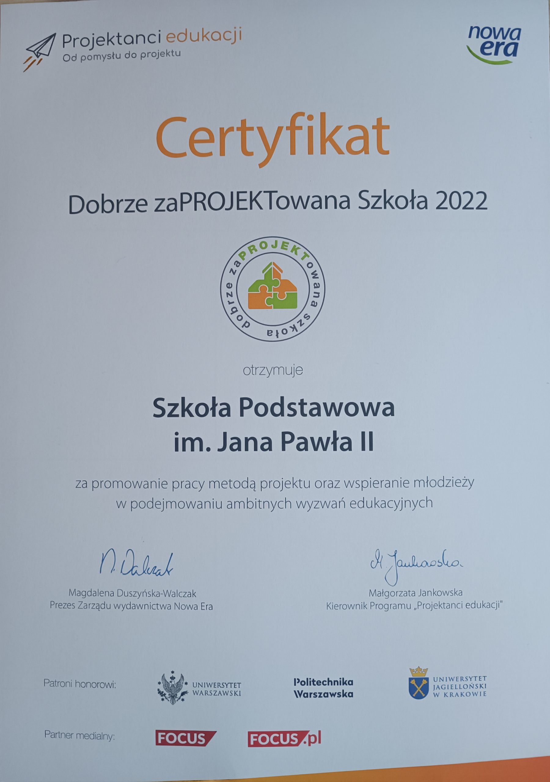 certyfikat "Dobrze zaPROJEKTowana Szkoła 2022