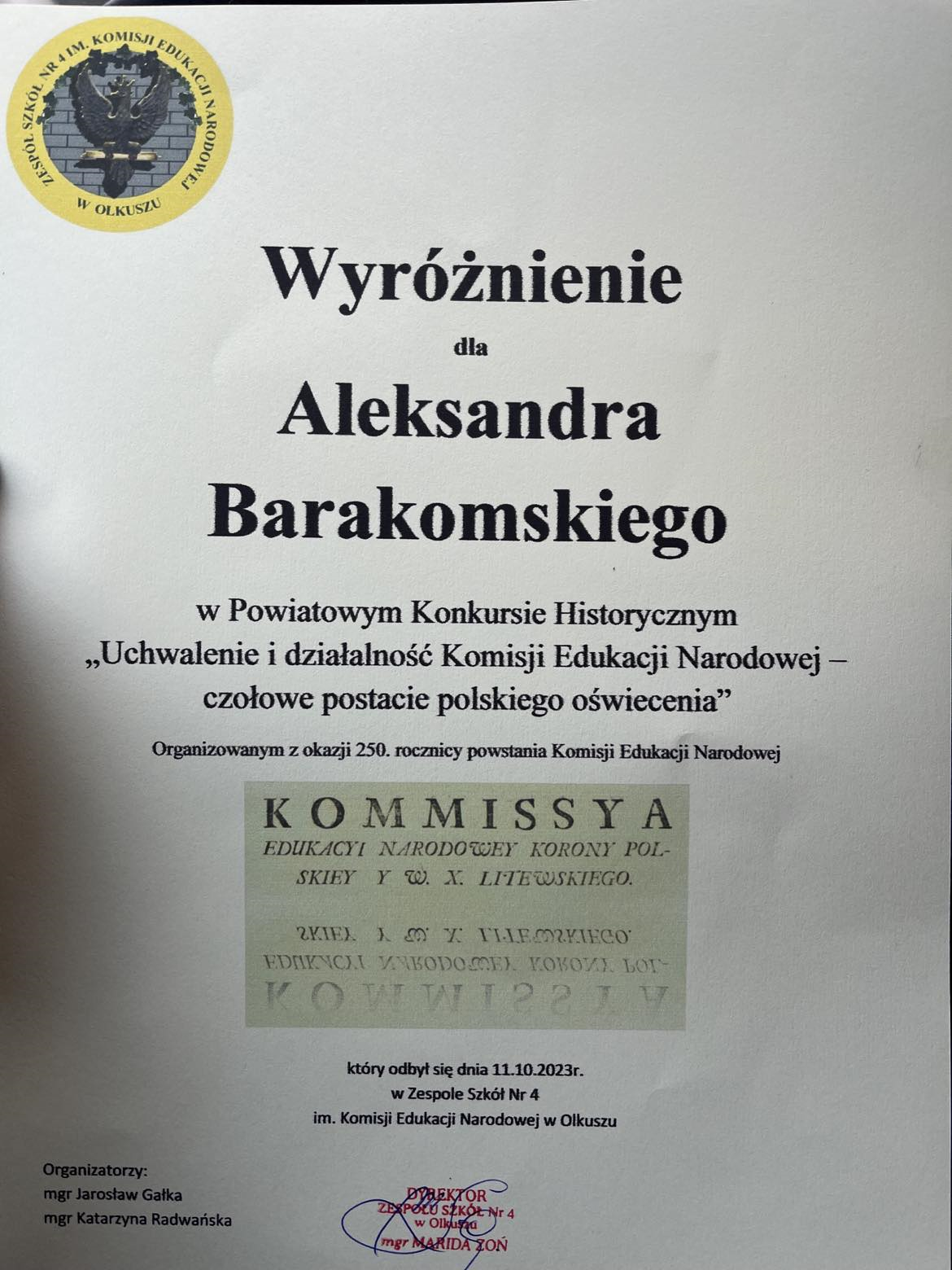 Wyróżnienie dla Aleksandra Barakomskiego, SP Klucze 2023