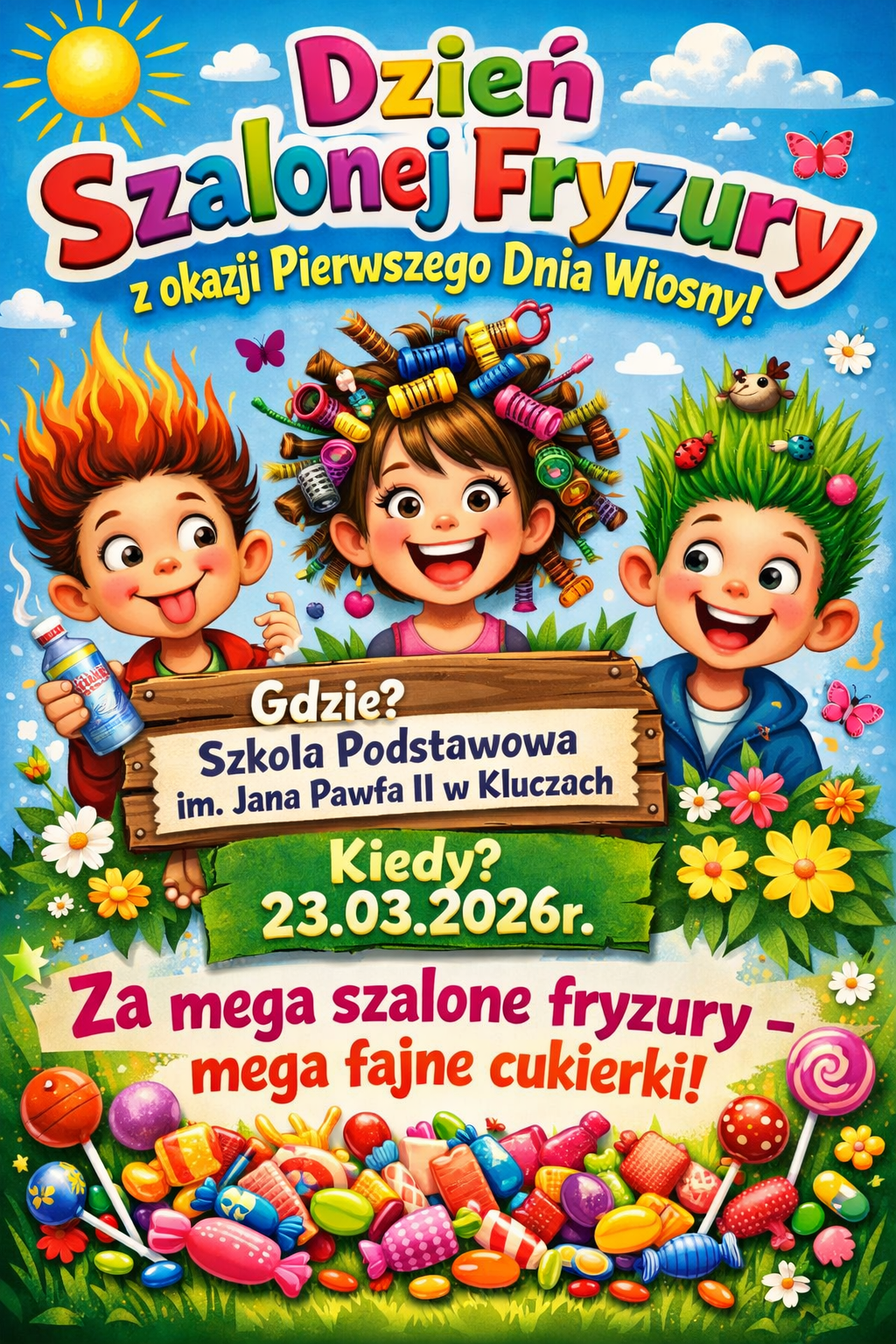 Kolorowy plakat promujący „Dzień Szalonej Fryzury” z okazji pierwszego dnia wiosny. Widać uśmiechnięte dzieci z kreatywnymi, zabawnymi fryzurami (włosy ułożone jak płomienie lub przypominające trawę). W tle są wiosenne elementy: słońce, chmury, kwiaty, motyle. Znajduje się informacja „Gdzie? Szkoła Podstawowa im. Jana Pawła II w Kluczach” oraz „Kiedy? 23.03.2026”. Widnieje hasło: „Za mega szalone fryzury – mega fajne cukierki!”, oraz kolorowe słodycze.