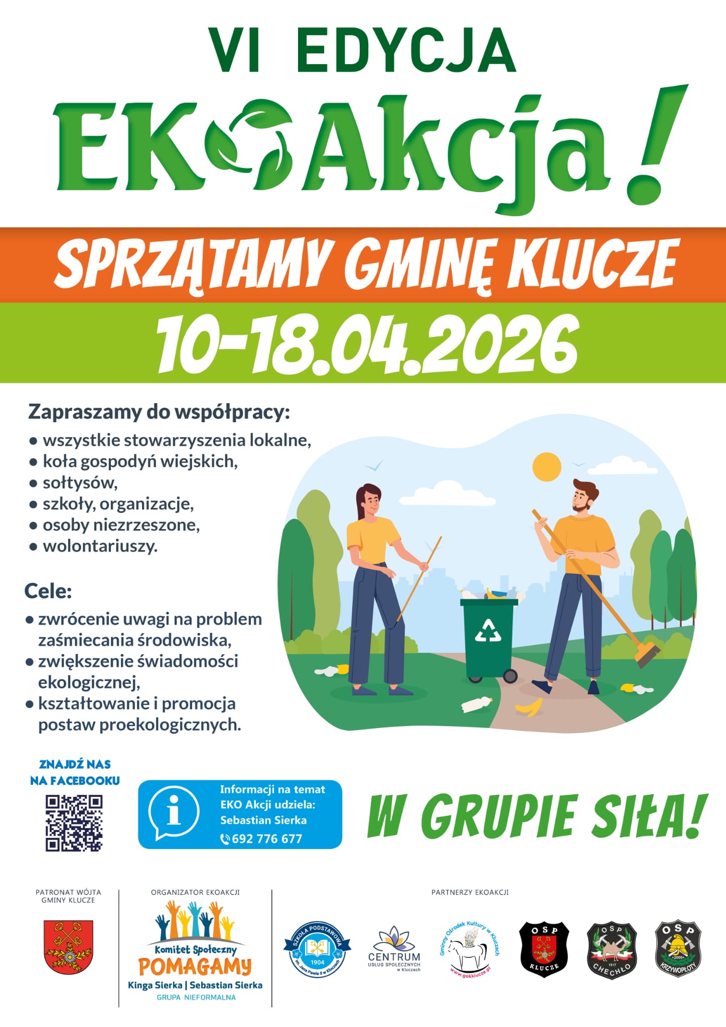 Plakat EKOAkcji zachęcający mieszkańców gminy Klucze do wspólnego sprzątania i promowania postaw proekologicznych, w dniach 10 - 18 kwietnia 2026