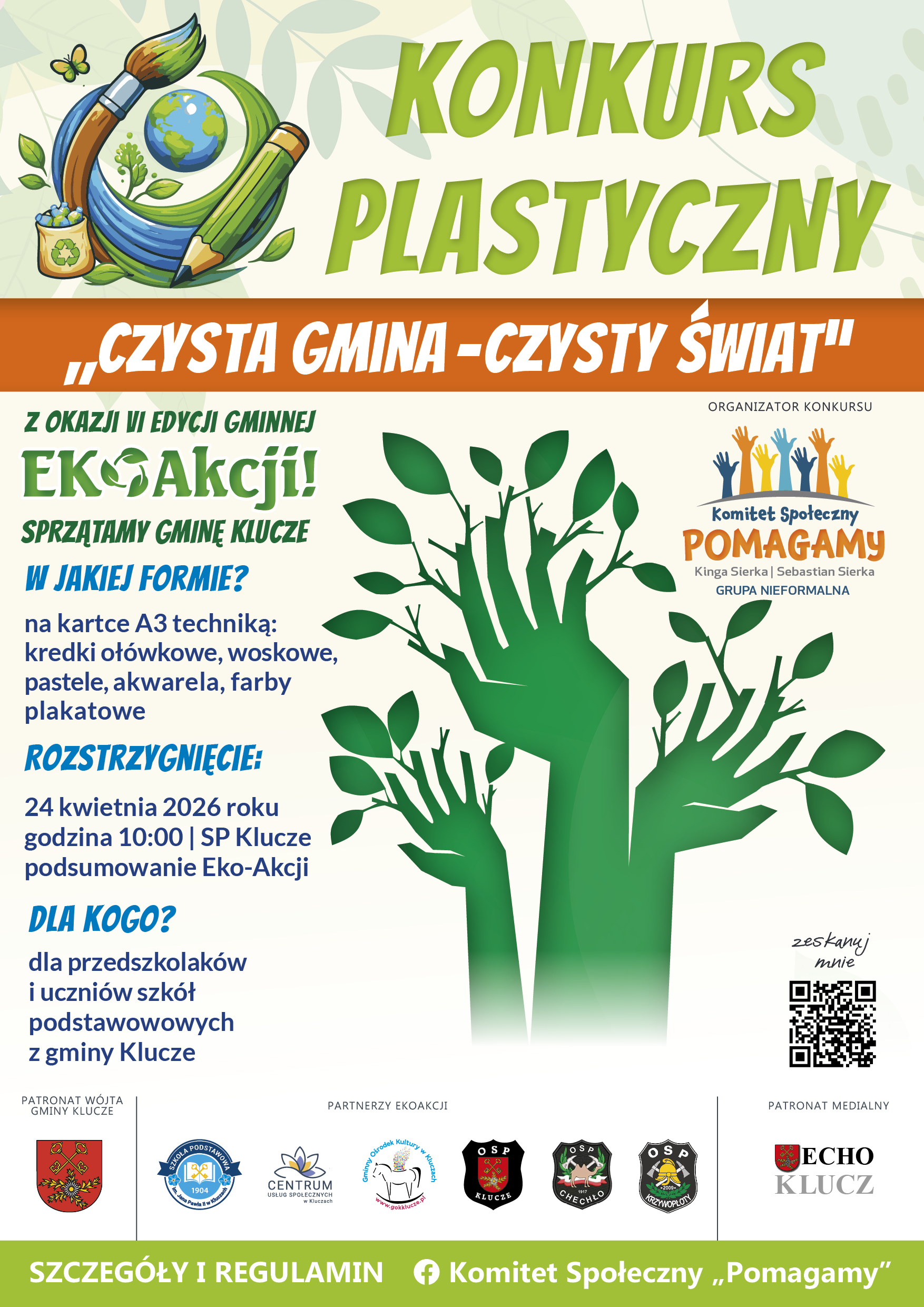 Plakat konkursu plastycznego o czystej gminie, z motywami Ziemi, ekologii i informacjami o udziale dzieci i terminie