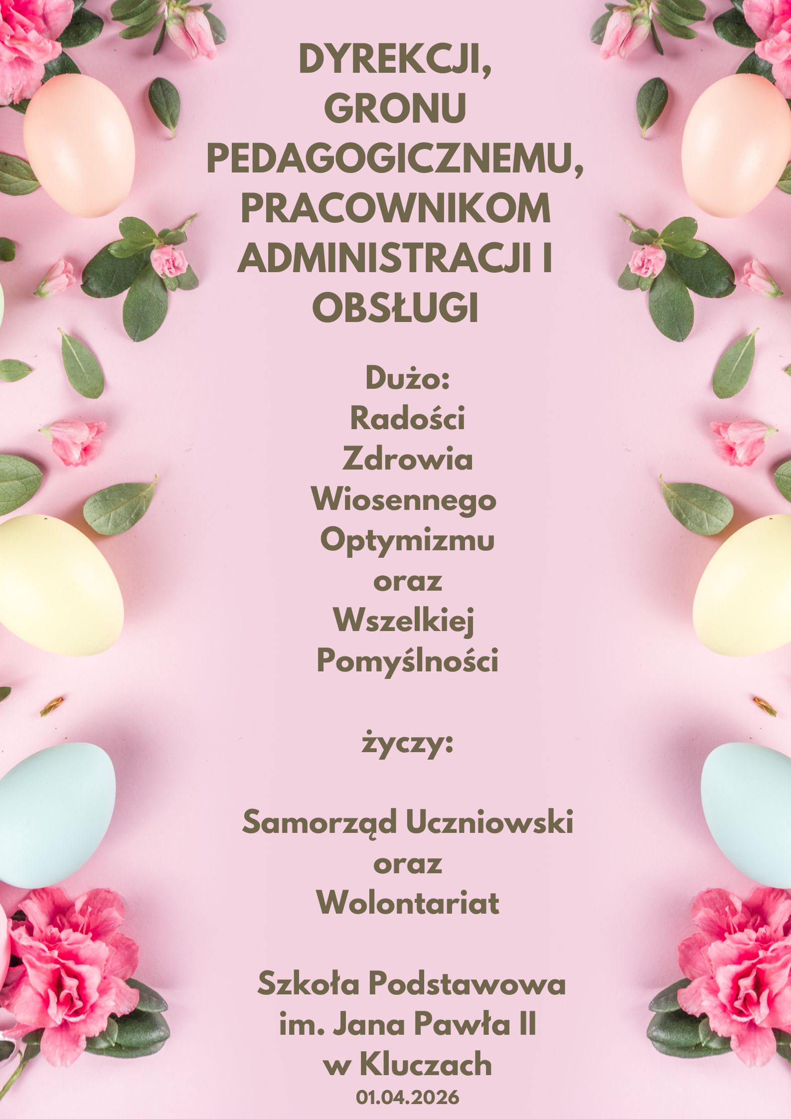 Życzenia wielkanocne od Samorządu  Uczniowskiego Szkoły Podstawowej w Kluczach 