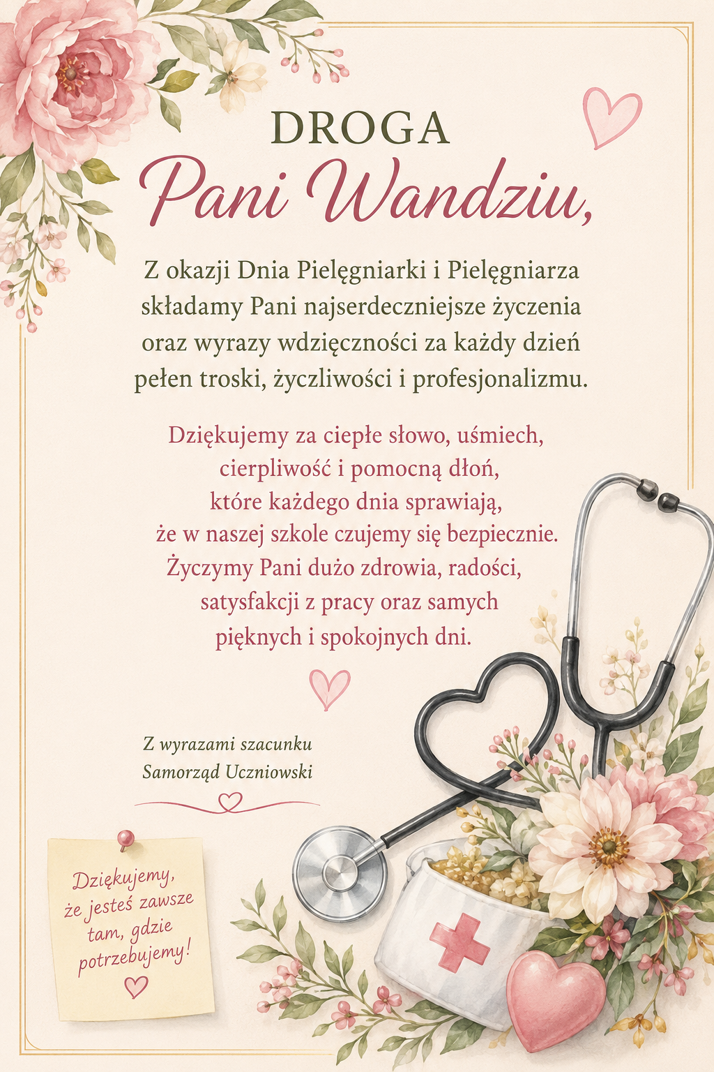 Plakat zawiera życzenia dla pielęgniarki szkolnej