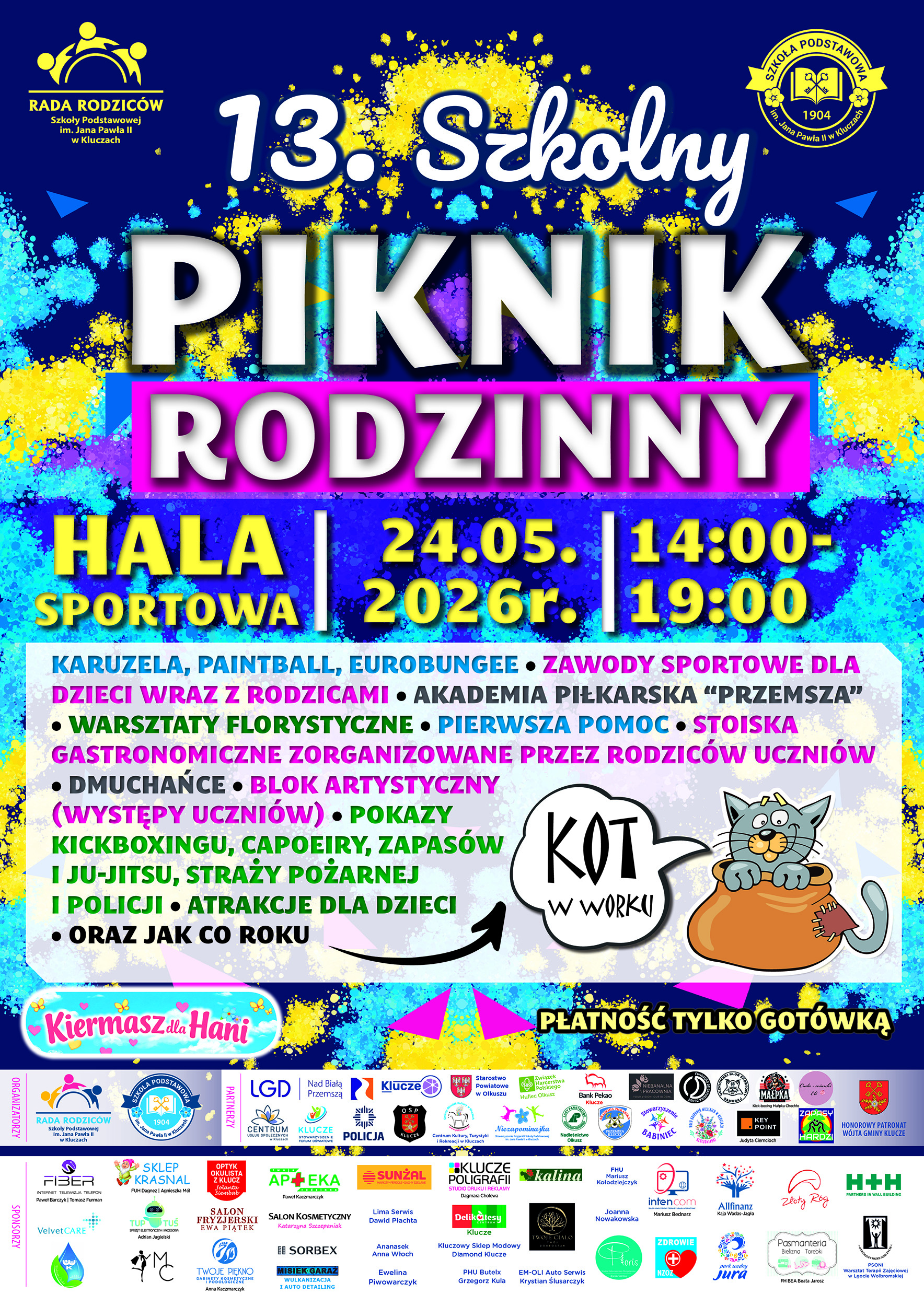 Plakat informujący o atrakcjach i działaniach podejmowanych podczas 13 pikniku w SP Klucze