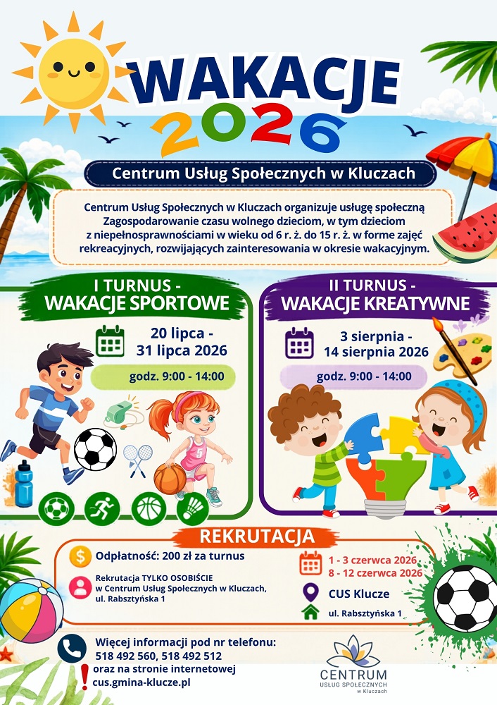 Plakat informujący o WAKACJE 2026 z Centrum Usług Społecznych w Kluczach!
